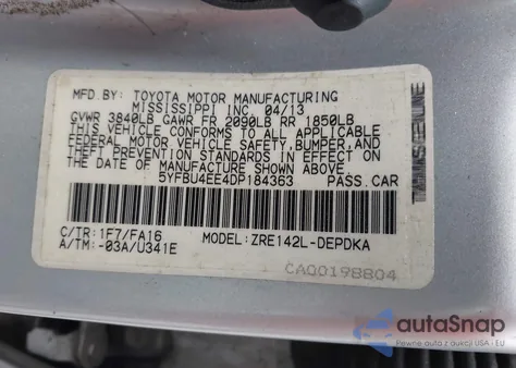2013 Toyota Corolla S/Le from USA, damaged, VIN 5YFBU4EE4DP184363